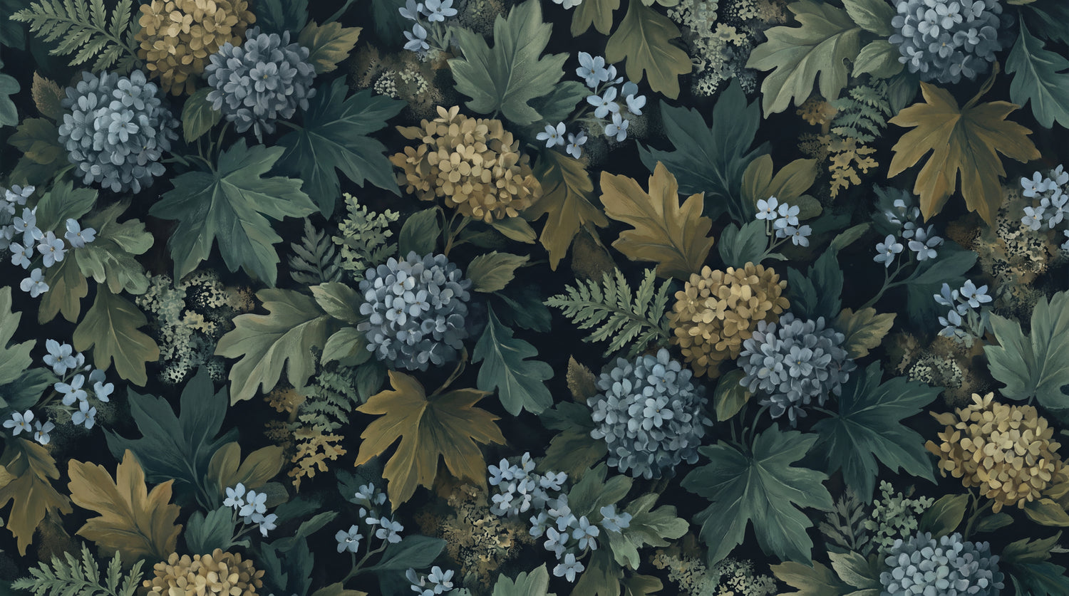 Nightgarden Hydrangea Green Floral Wallpaper - Dark Vintage Botanical Greenery Leaf Peel and Stick - Design
