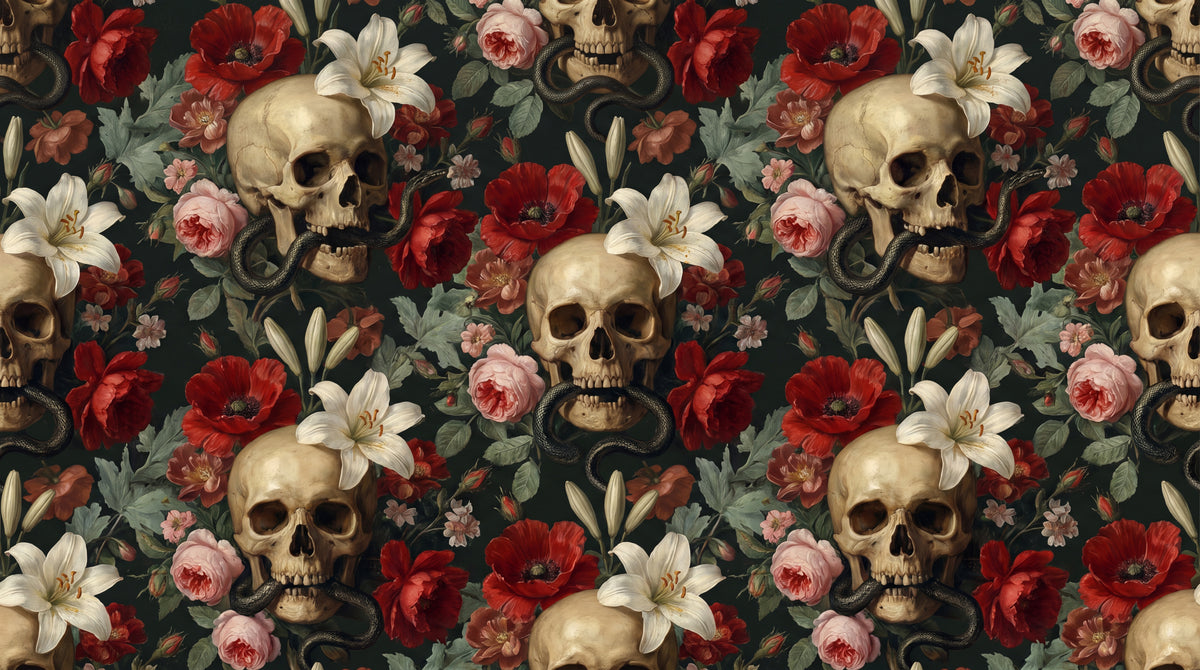 Nightshade Garden Dark Gothic Wallpaper - Dark Skull Wallpaper Peel and Stick Dark Academia Mural - Design