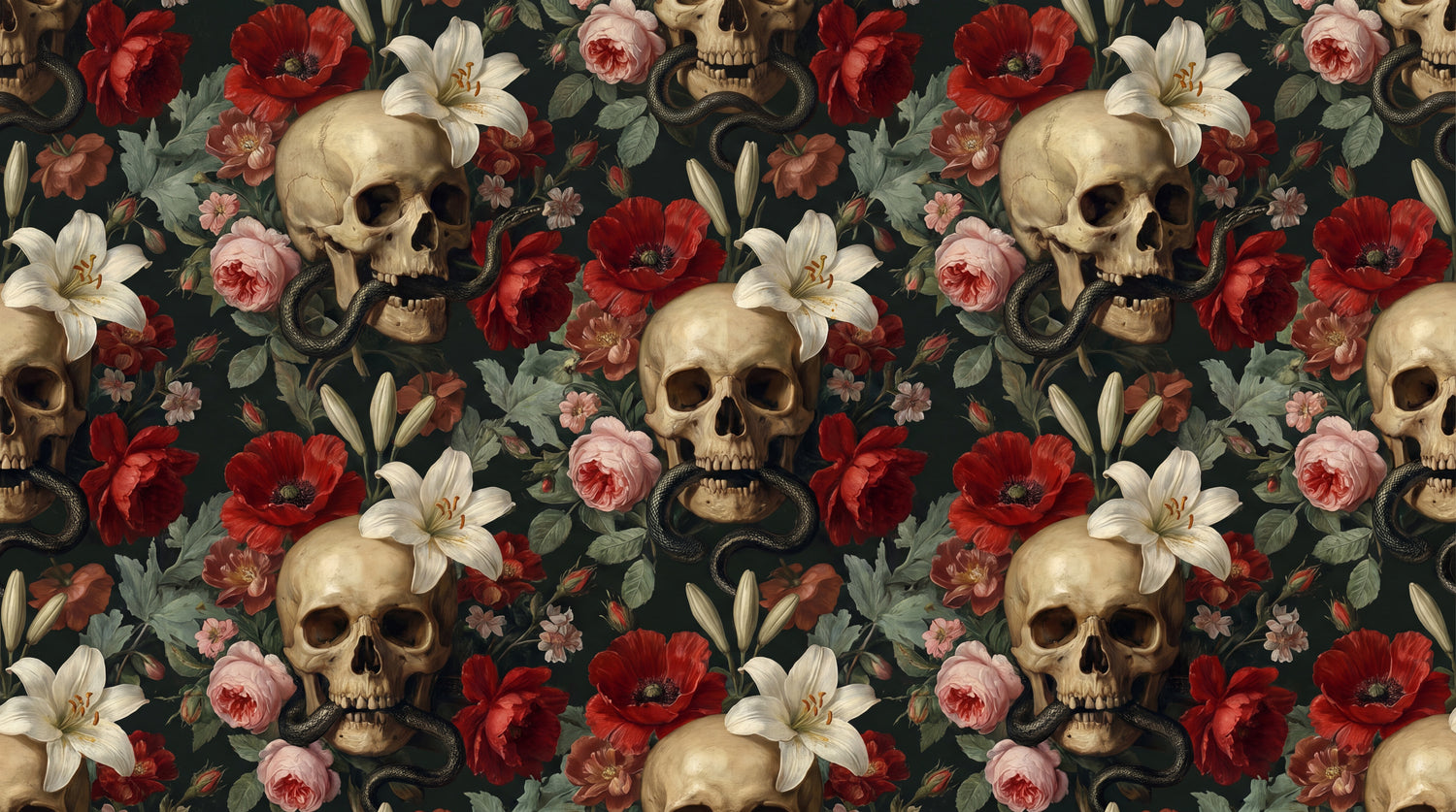 Nightshade Garden Dark Gothic Wallpaper - Dark Skull Wallpaper Peel and Stick Dark Academia Mural - Design