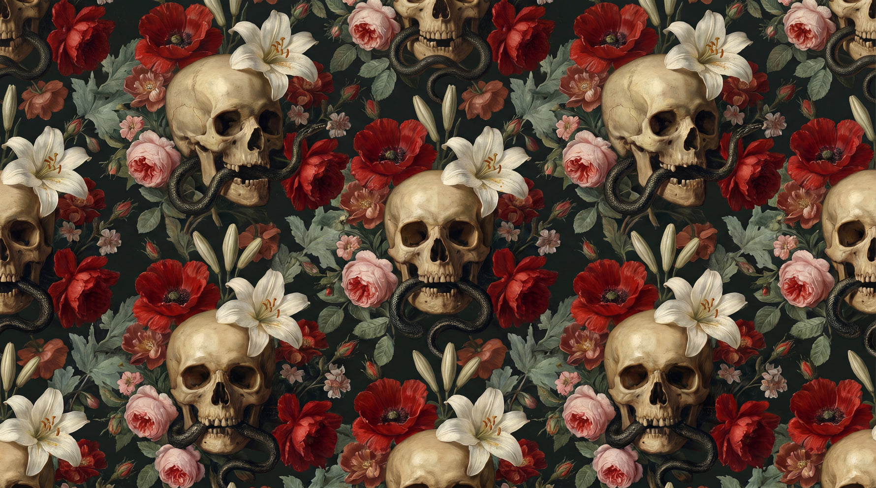 Nightshade Garden Dark Gothic Wallpaper - Dark Skull Wallpaper Peel and Stick Dark Academia Mural - Design