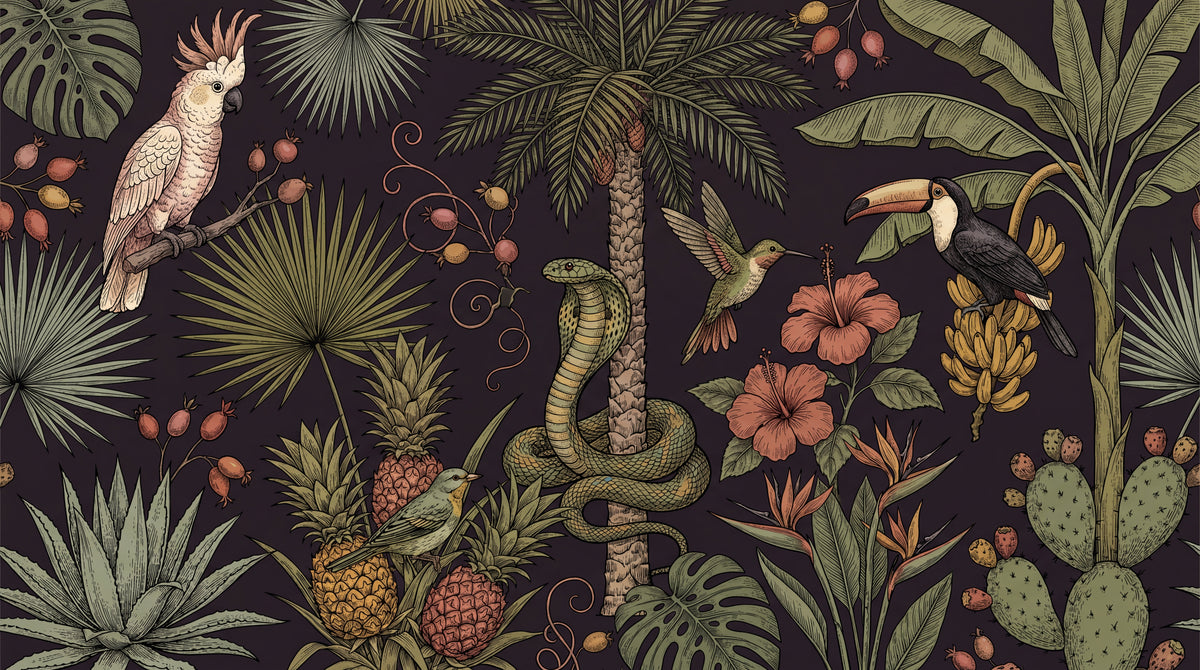 Nocturne Menagerie Dark Tropical Wallpaper - Jungle Palm Tree Botanical Leaf Peel and Stick Wall Mural - Design