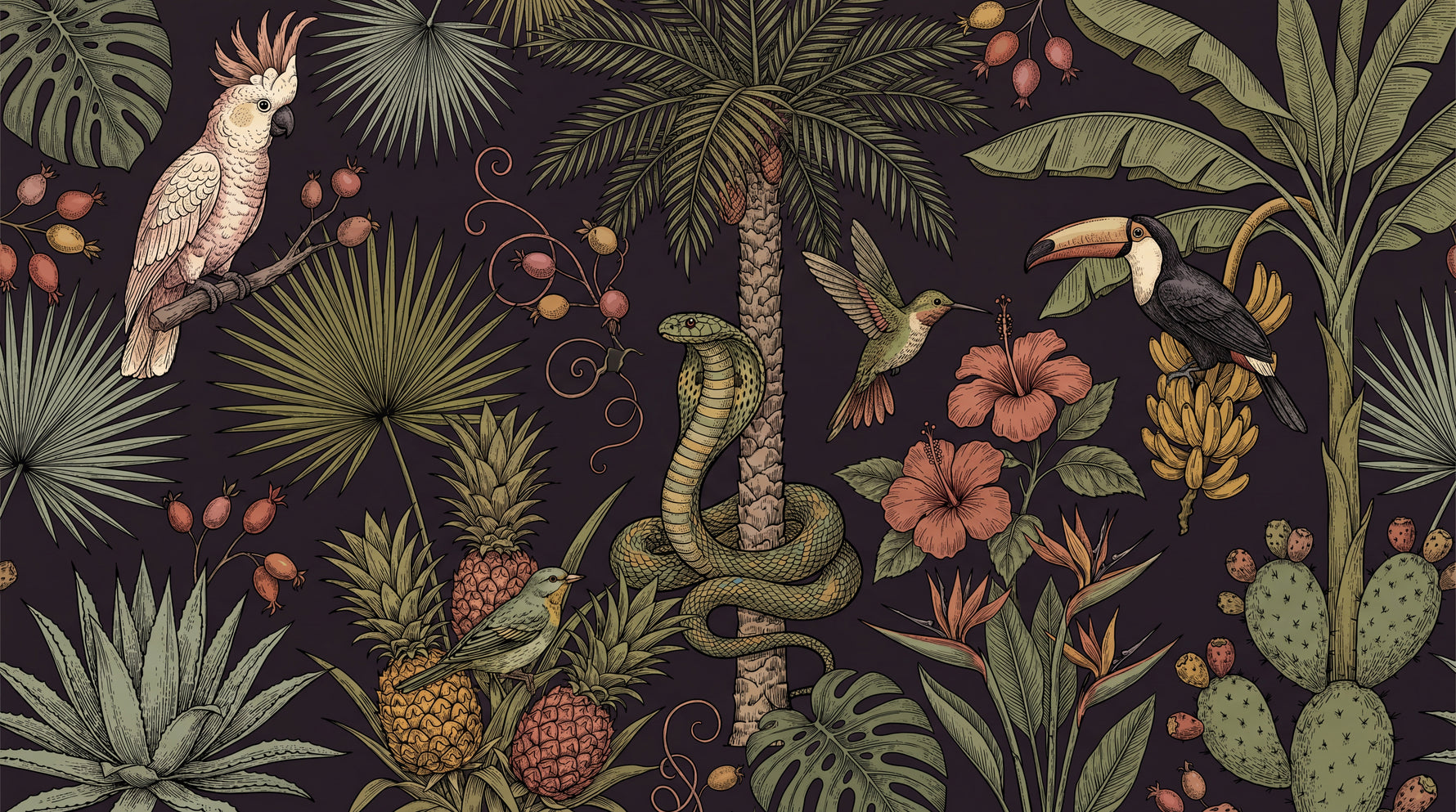 Nocturne Menagerie Dark Tropical Wallpaper - Jungle Palm Tree Botanical Leaf Peel and Stick Wall Mural - Design