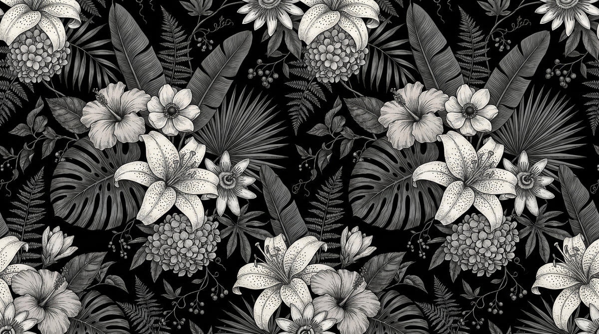 Obsidian Fronds - Black Gothic Wallpaper Tropical Floral Wall Mural - Botanical Dark Academia Peel and Stick - Design