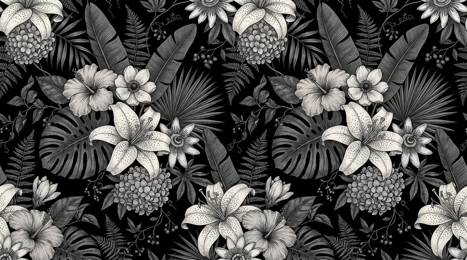 Obsidian Fronds - Black Gothic Wallpaper Tropical Floral Wall Mural - Botanical Dark Academia Peel and Stick - Design