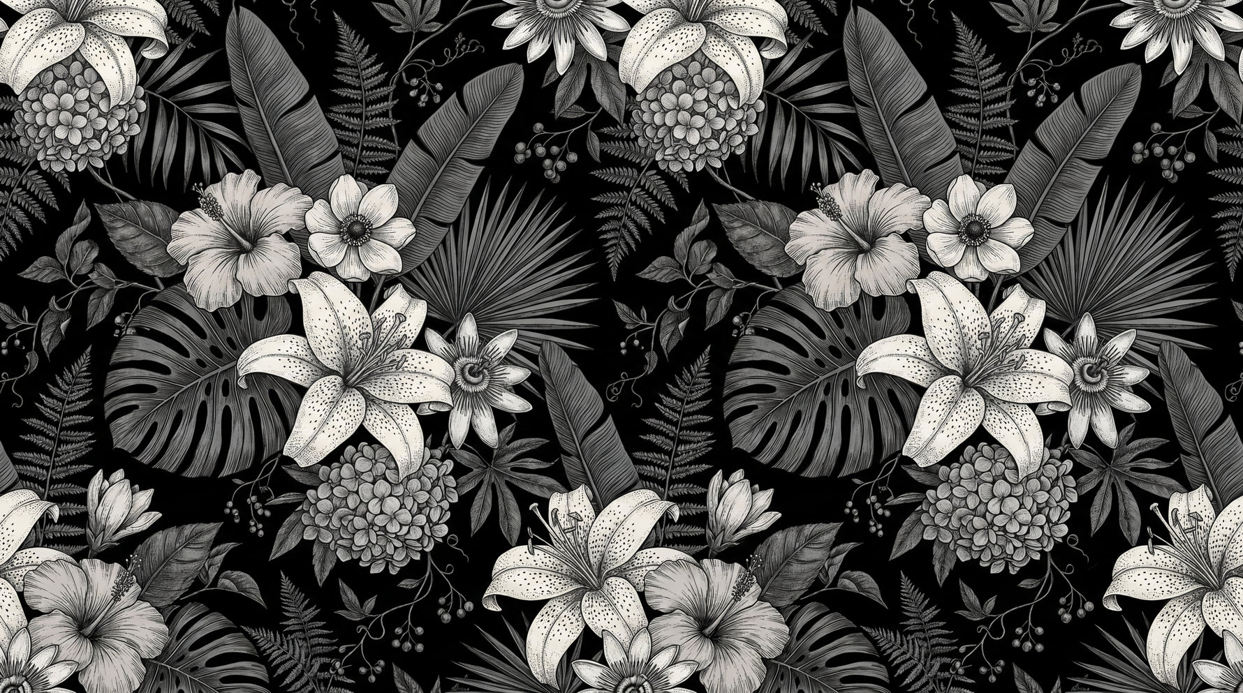 Obsidian Fronds - Black Gothic Wallpaper Tropical Floral Wall Mural - Botanical Dark Academia Peel and Stick - Design