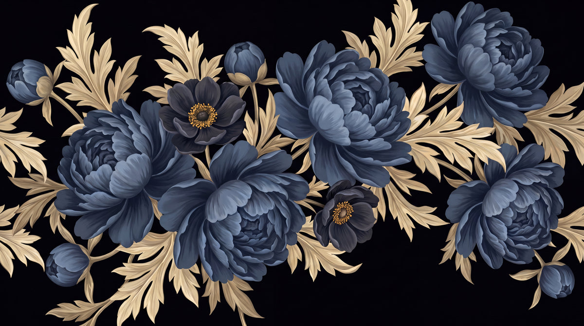 Obsidian Plume Blue Navy Blue Wallpaper - Dark Floral Flower Wall Mural Peel and Stick - Design