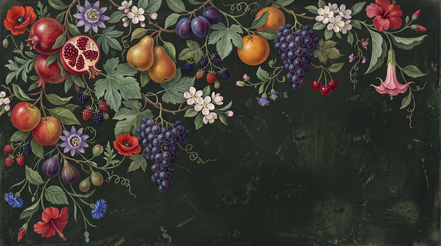 Orchard Cascade Dark Vintage Wallpaper - Floral Botanical Wall Mural with Victorian Flower Motifs Peel and Stick - Design