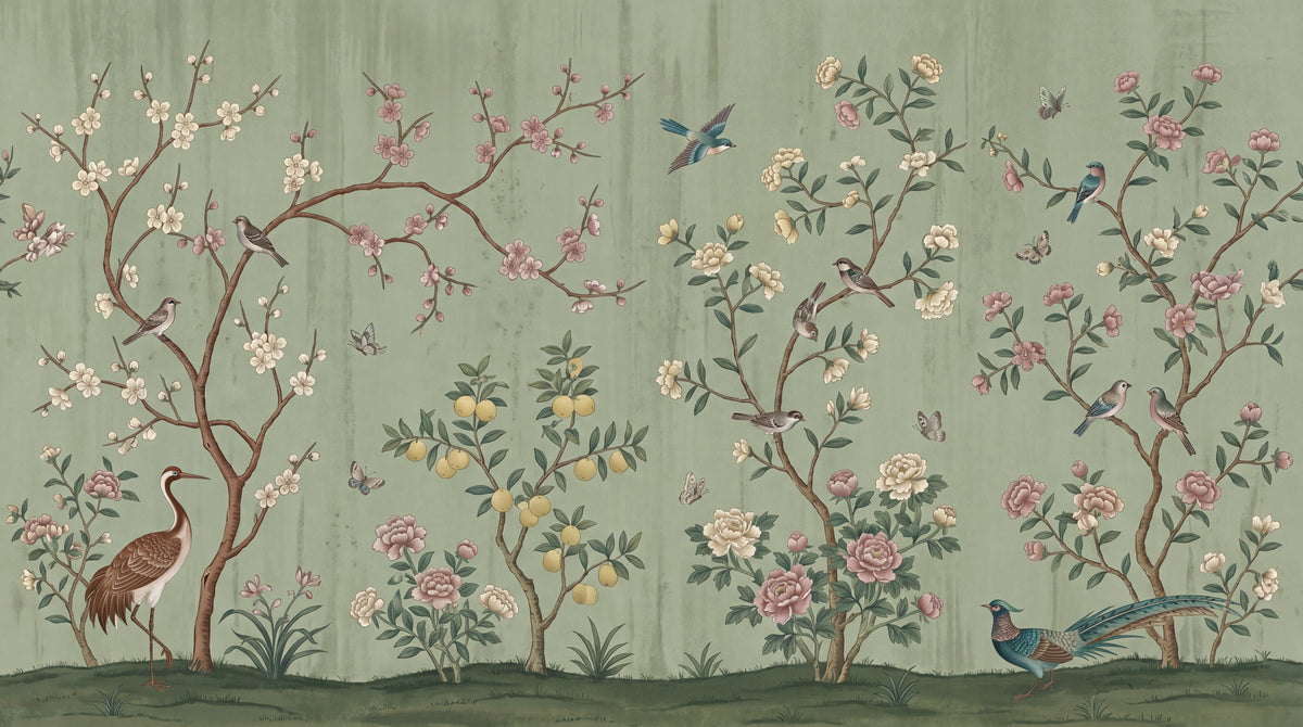 Orchard Murmurs Green Chinoiserie Wallpaper - Sage Cherry Blossom Botanical Vintage Japanese Wall Mural - Design