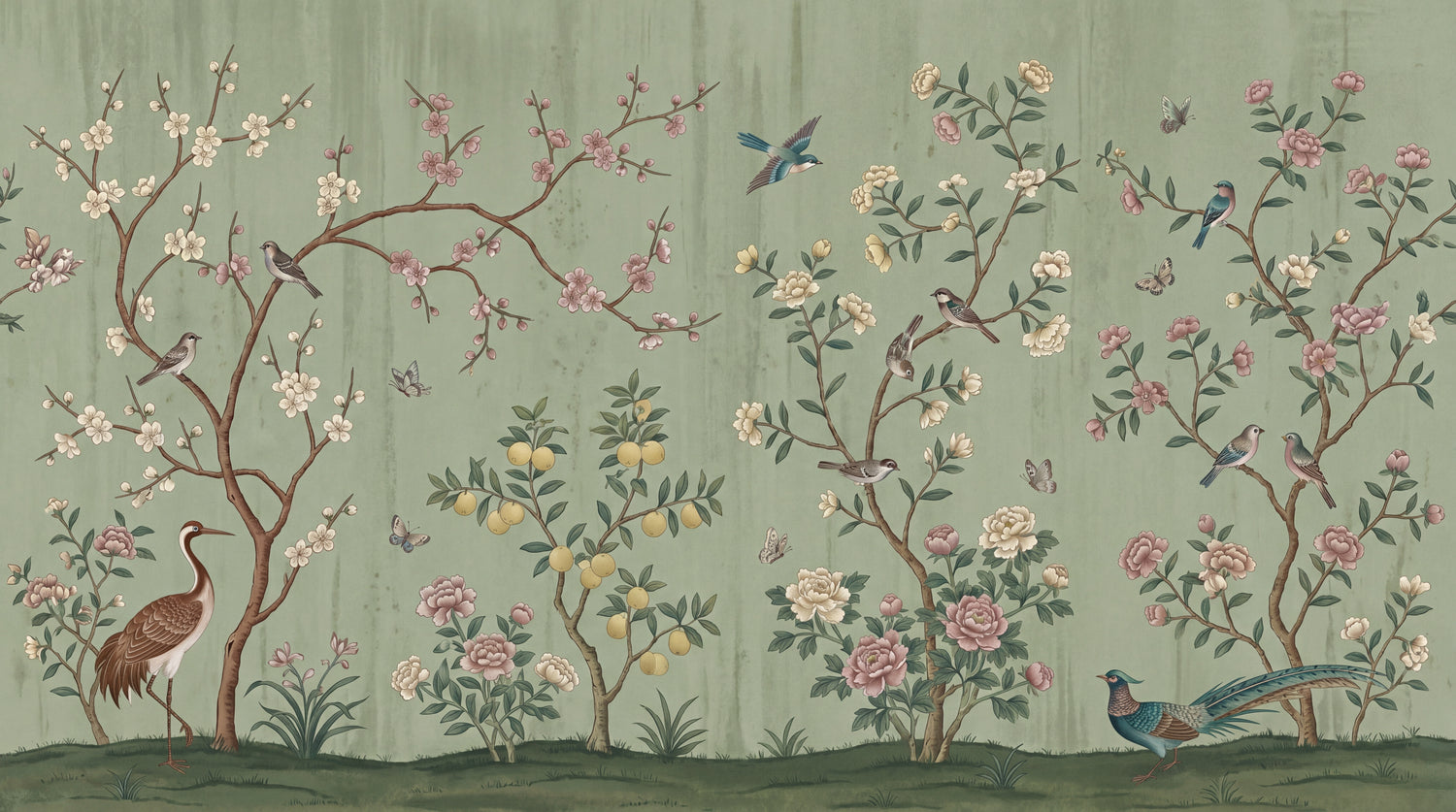 Orchard Murmurs Green Chinoiserie Wallpaper - Sage Cherry Blossom Botanical Vintage Japanese Wall Mural - Design