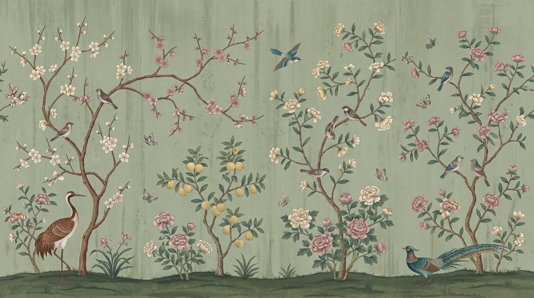 Orchard Murmurs Green Chinoiserie Wallpaper - Sage Cherry Blossom Botanical Vintage Japanese Wall Mural - Design