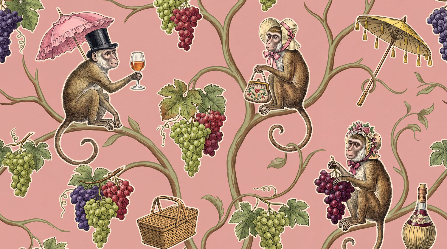 Orchard Soiree Pink Monkey Wallpaper - Vintage Victorian Botanical Animal Peel and Stick Wall Mural - Design