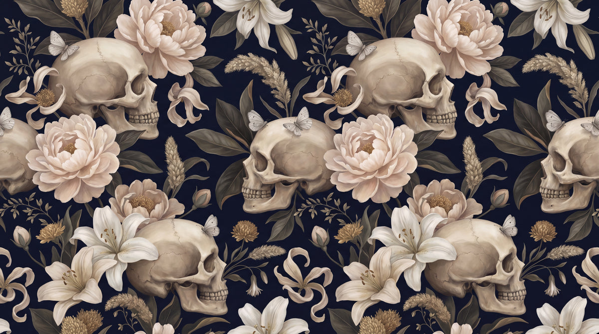 Ossuary Whisper Dark Gothic Wallpaper - Skull Botanical Peel and Stick Vintage Dark Academia Wall Mural - Design