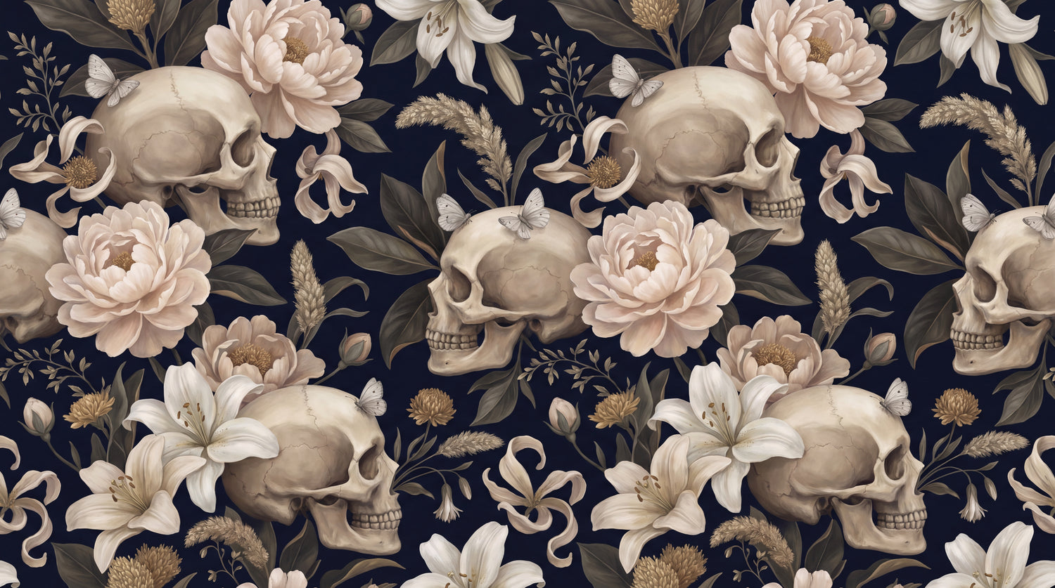 Ossuary Whisper Dark Gothic Wallpaper - Skull Botanical Peel and Stick Vintage Dark Academia Wall Mural - Design