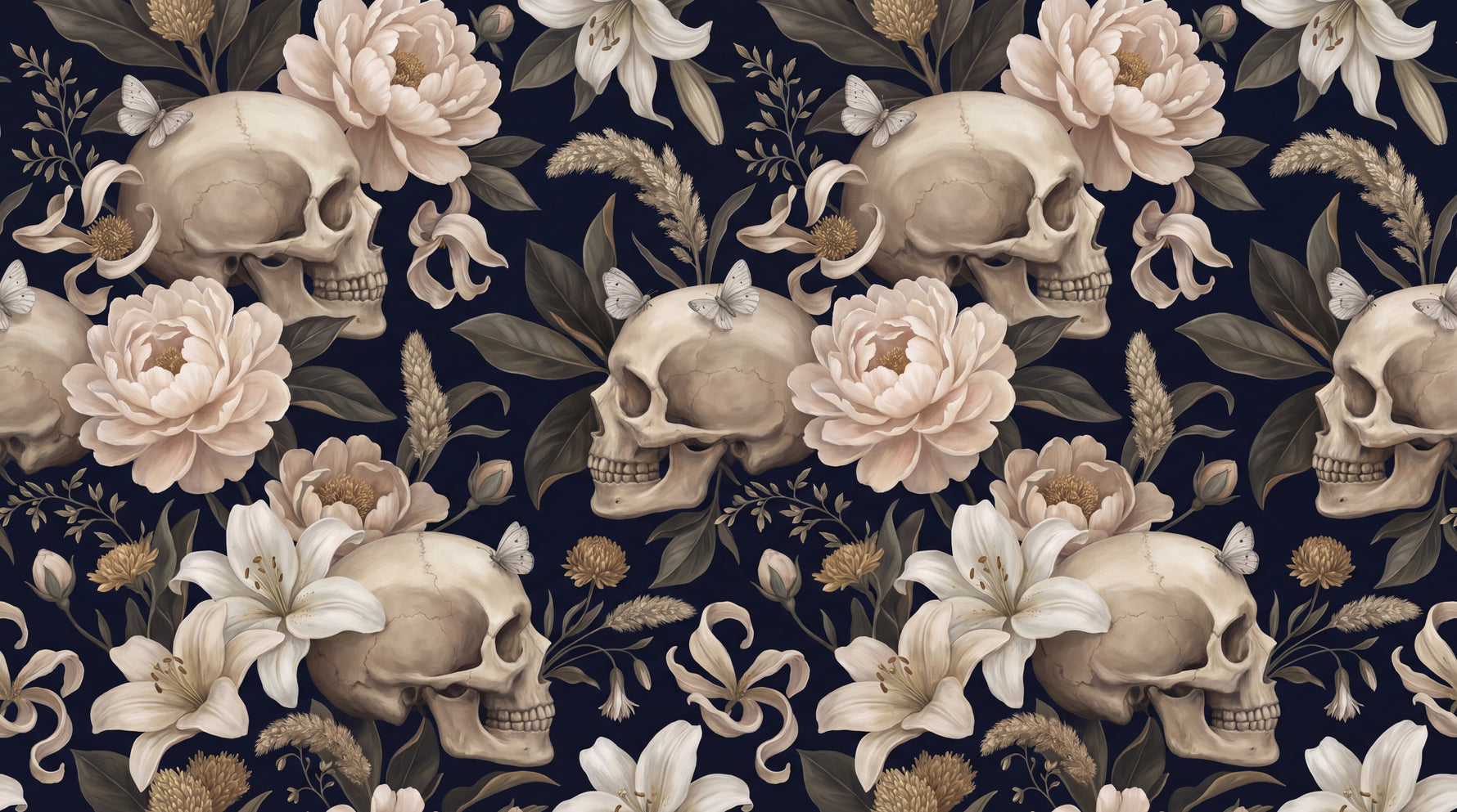 Ossuary Whisper Dark Gothic Wallpaper - Skull Botanical Peel and Stick Vintage Dark Academia Wall Mural - Design
