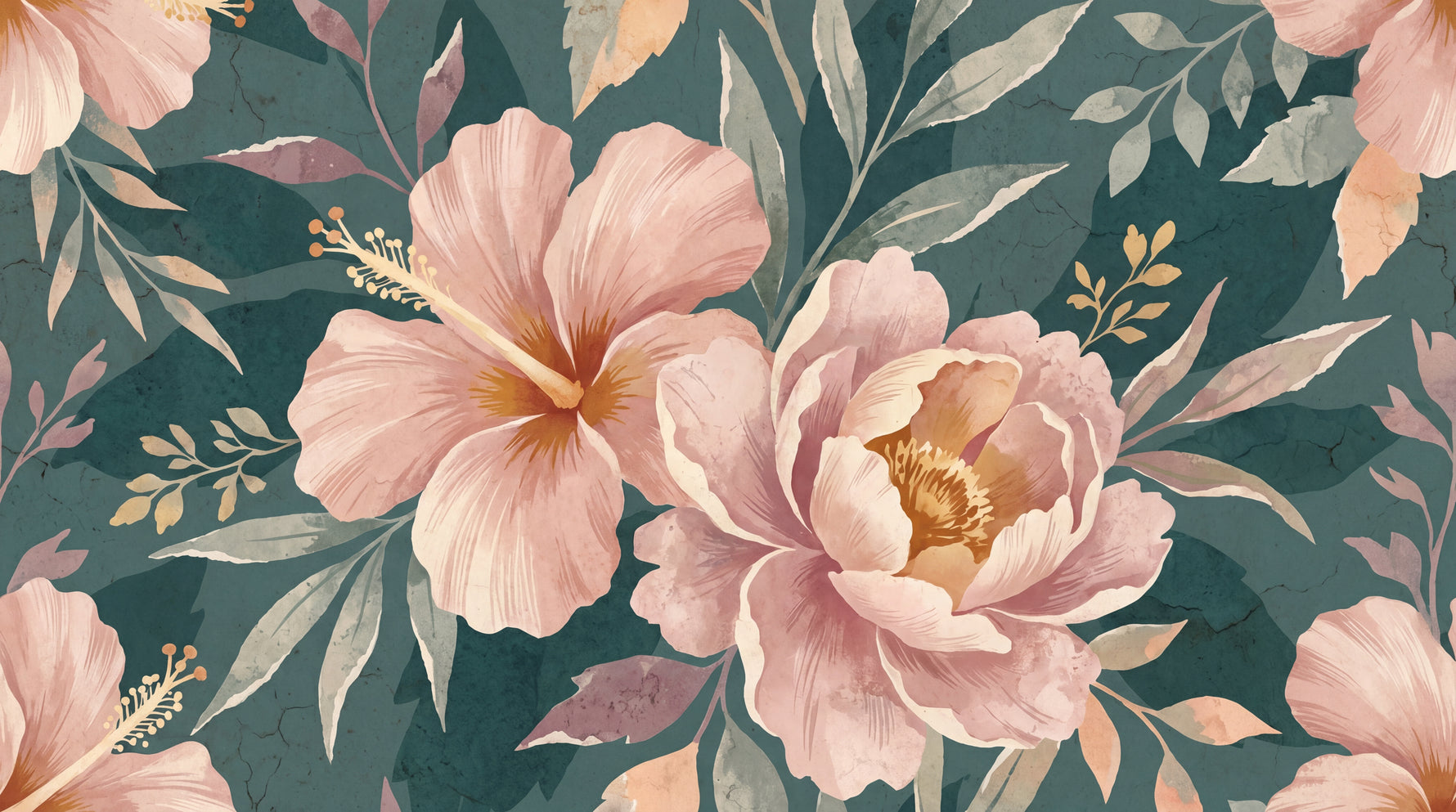 Painted Bloom - Pink Floral Wallpaper - Vintage Botanical Pink Flower Teal Abstract Peel and Stick Wall Mural - Design