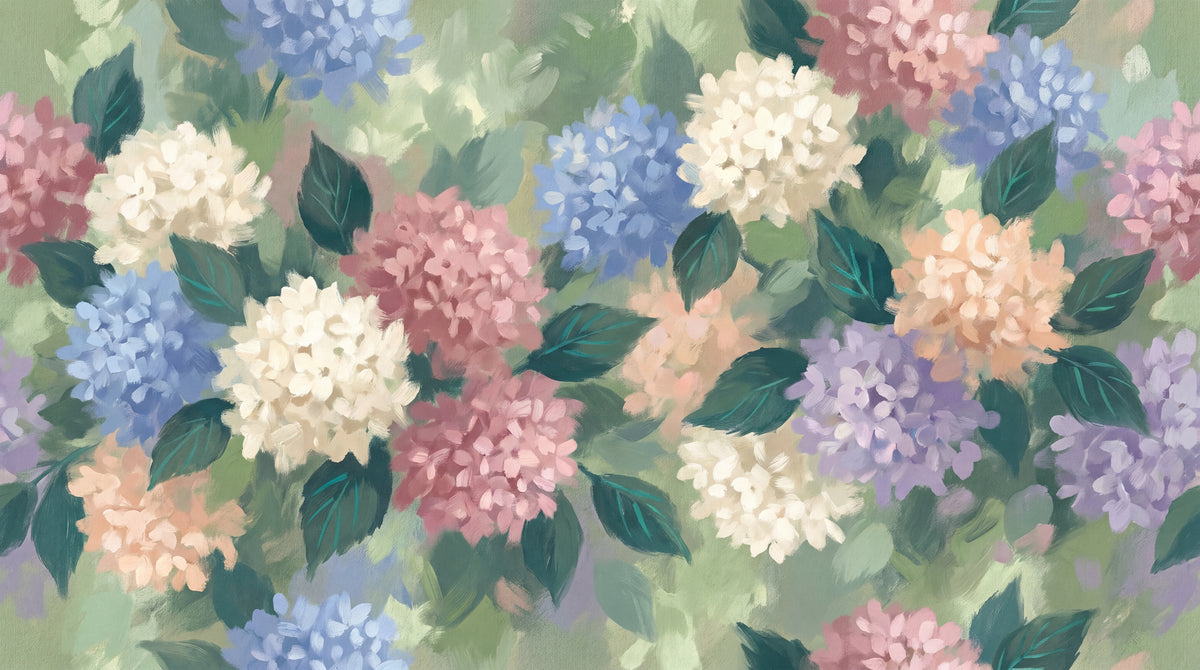Painted Hydrangea Bouquet Pastel Floral Wallpaper - Sage Green Flower Wall Mural Peel and Stick - Design