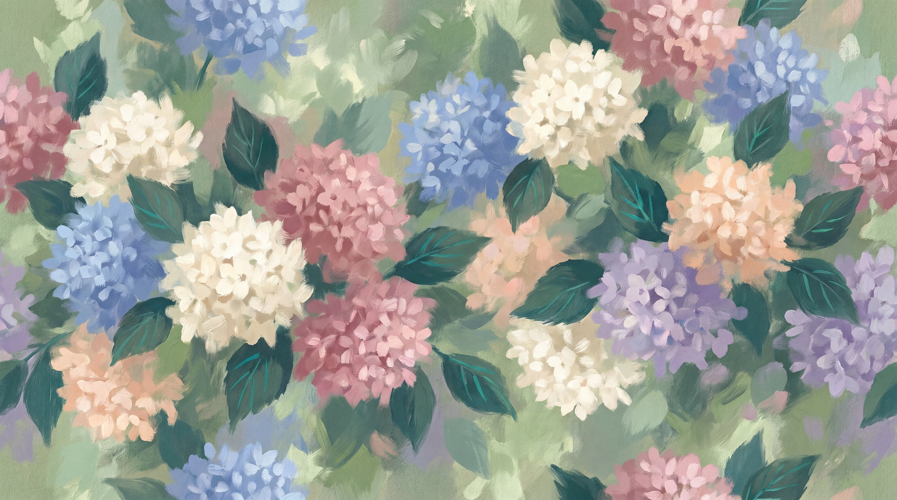 Painted Hydrangea Bouquet Pastel Floral Wallpaper - Sage Green Flower Wall Mural Peel and Stick - Design