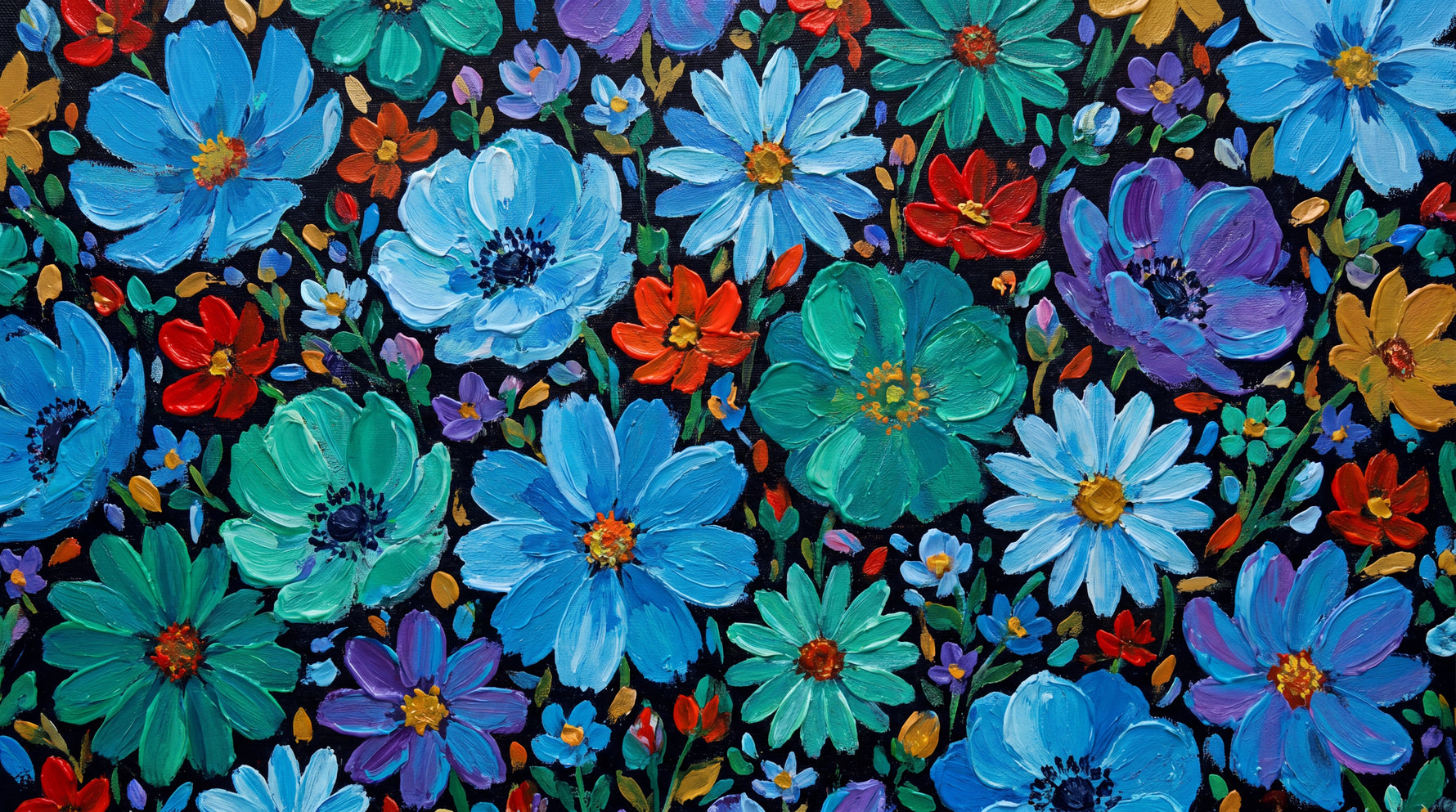 Painterly Bouquet Blue Floral Wallpaper - Flower Daisy Aesthetic Teal Peel and Stick - Design