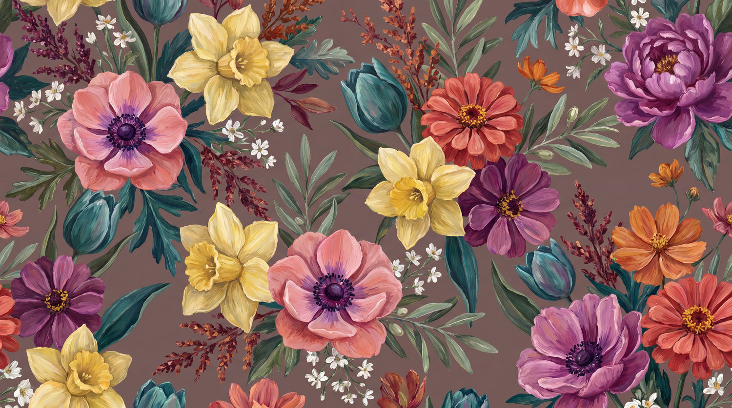 Painterly Orchard Brown Floral Wallpaper - Dark Vintage Flower Wall Mural Style Peel and Stick - Design