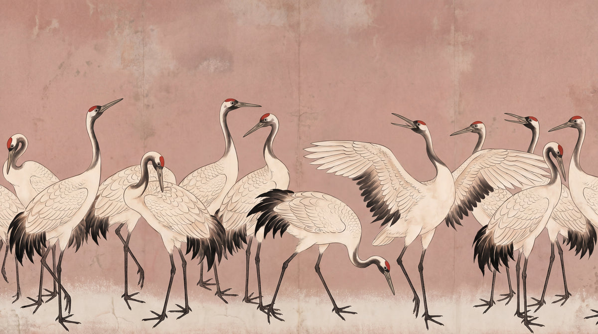 Paper Cranes Pink Japanese Wallpaper - Vintage Animal Wall Mural Peel and Stick Removable - Design