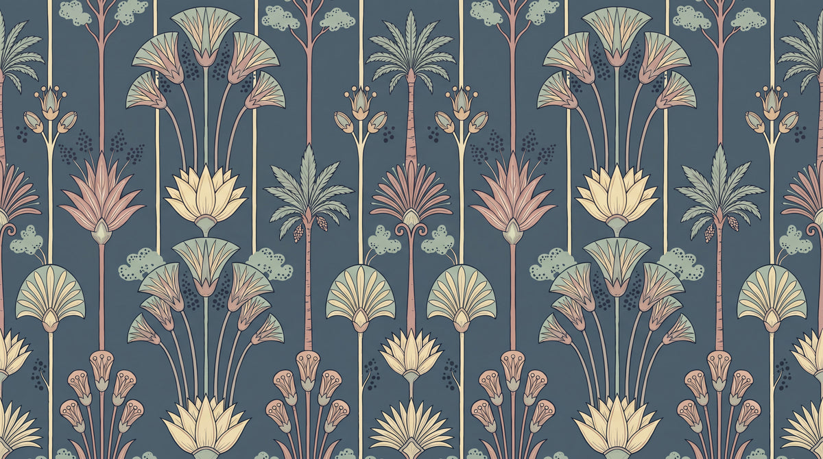 Papyrus Whisper Blue Art Deco Wallpaper - Botanical Greenery Leaf Peel and Stick Mural - Design