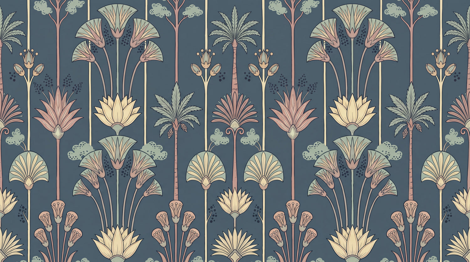 Papyrus Whisper Blue Art Deco Wallpaper - Botanical Greenery Leaf Peel and Stick Mural - Design
