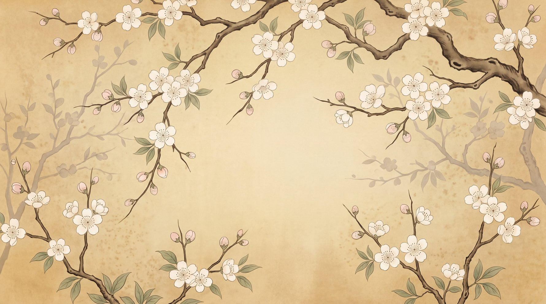 Parchment Bloom - Beige Cherry Blossom Wallpaper - Chinoiserie Japanese Floral Vintage Botanical Peel and Stick Mural - Design