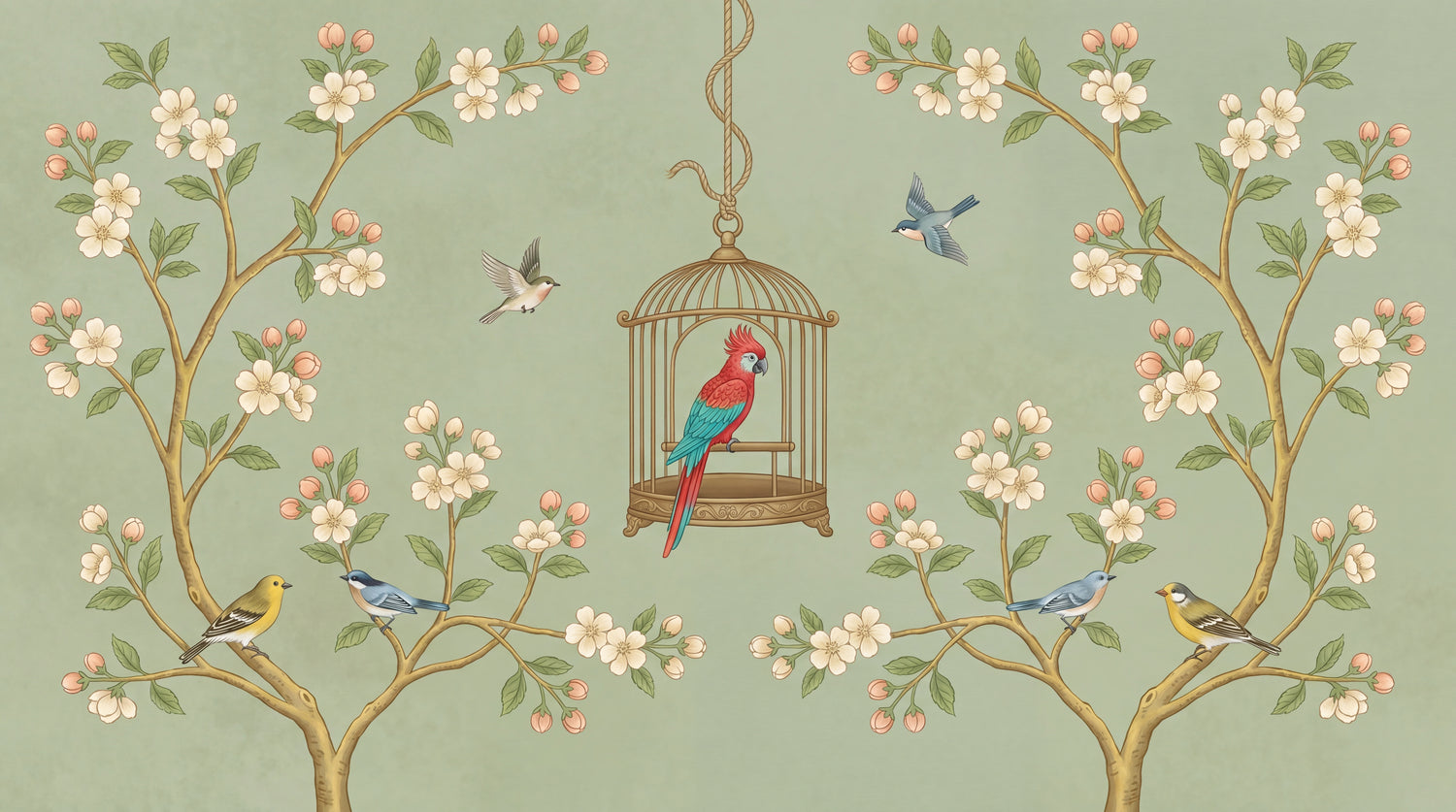 Parrot Promenade Green Chinoiserie Wallpaper - Vintage Japanese Floral Cherry Blossom Botanical Peel and Stick Wall Mural - Design