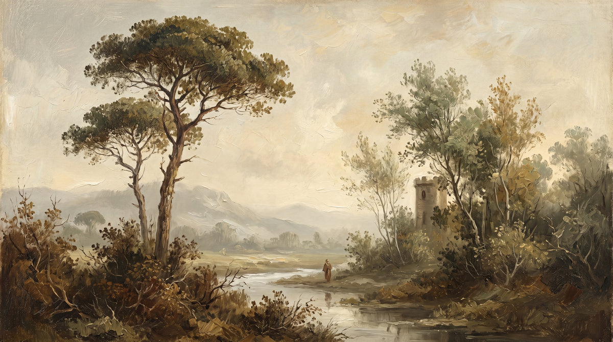 Pastoral Tower Beige Landscape Wallpaper - Vintage Scenery Wallpaper Victorian Peel and Stick Wall Mural - Design
