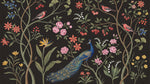 Peacock Songbird Aviary - Dark Floral Wallpaper Peel and Stick - Black Flower Vintage Rose Wall Mural - Design