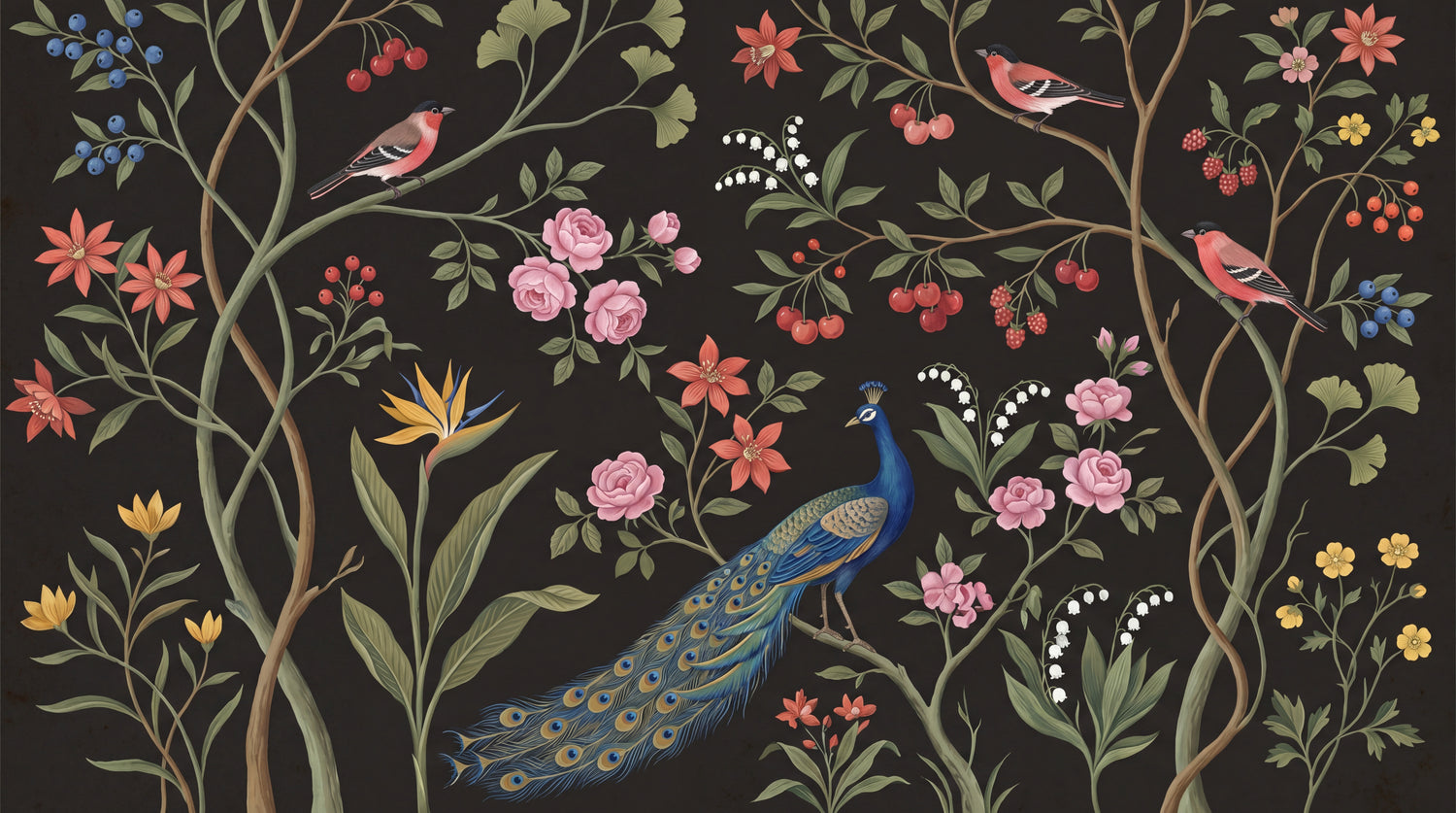 Peacock Songbird Aviary - Dark Floral Wallpaper Peel and Stick - Black Flower Vintage Rose Wall Mural - Design