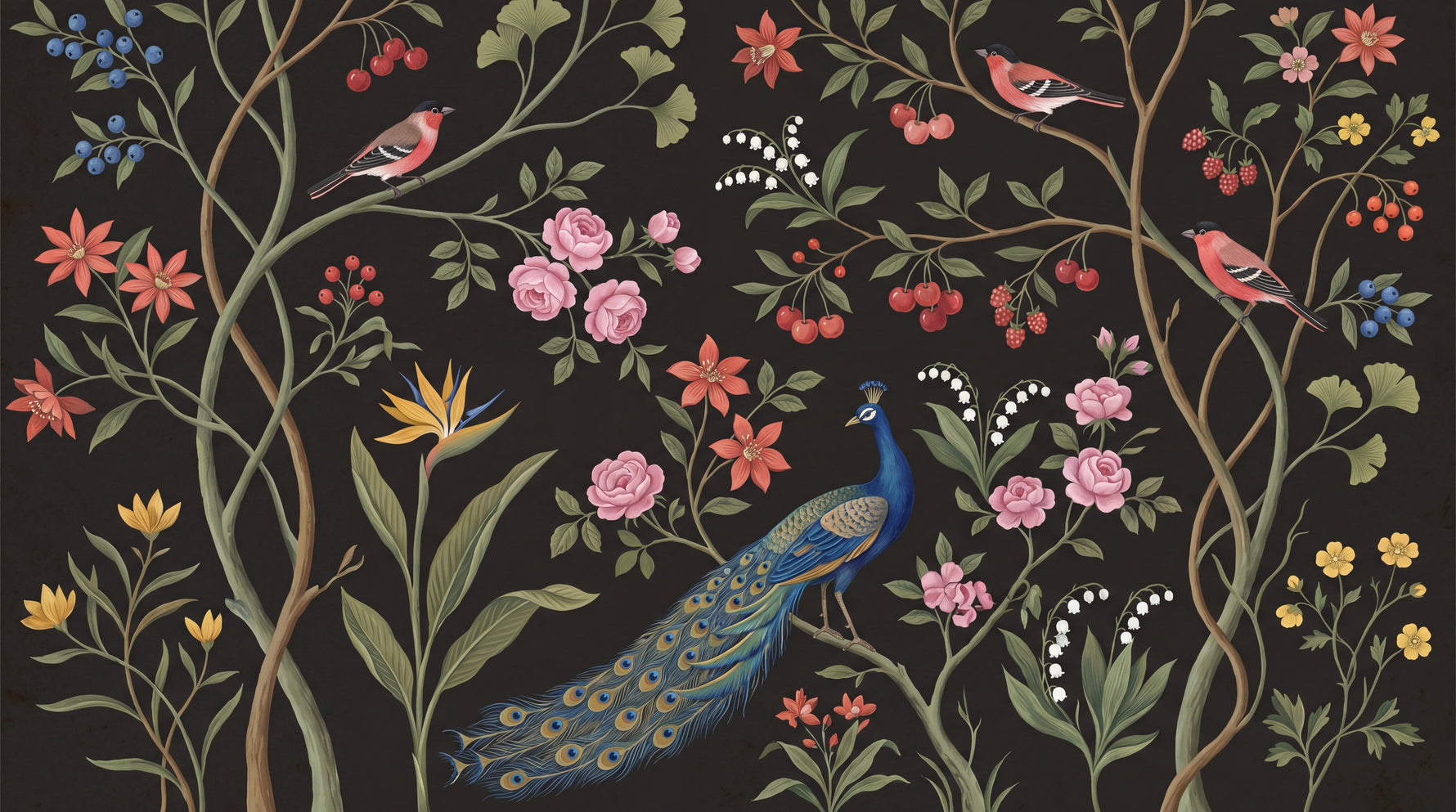 Peacock Songbird Aviary - Dark Floral Wallpaper Peel and Stick - Black Flower Vintage Rose Wall Mural - Design