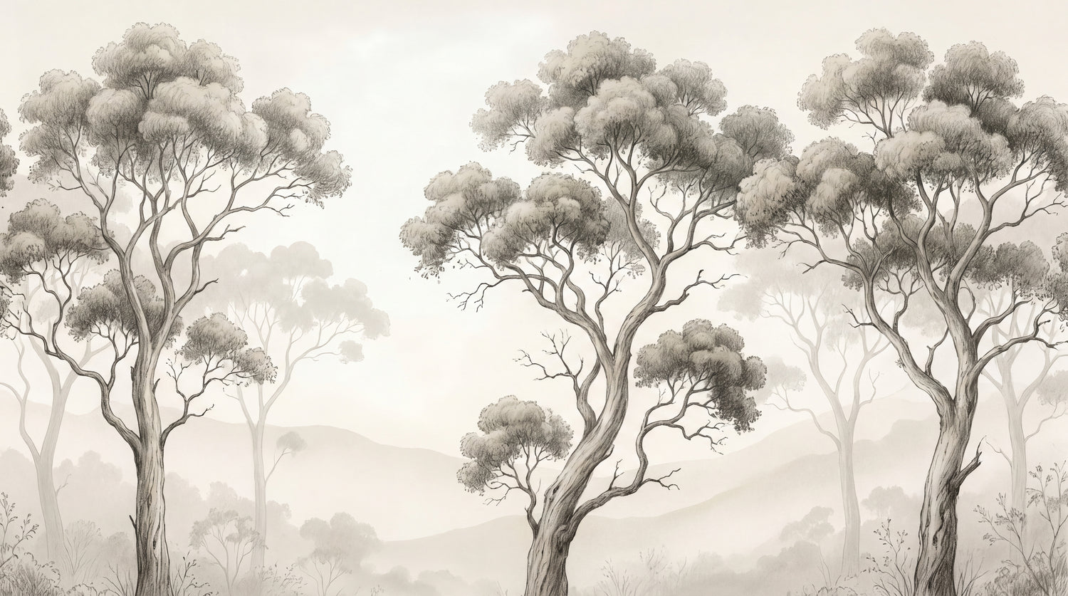 Pewter Grove Beige Forest Wallpaper - Sketched Woodland Botanical Greenery Leaf Wall Mural - Design