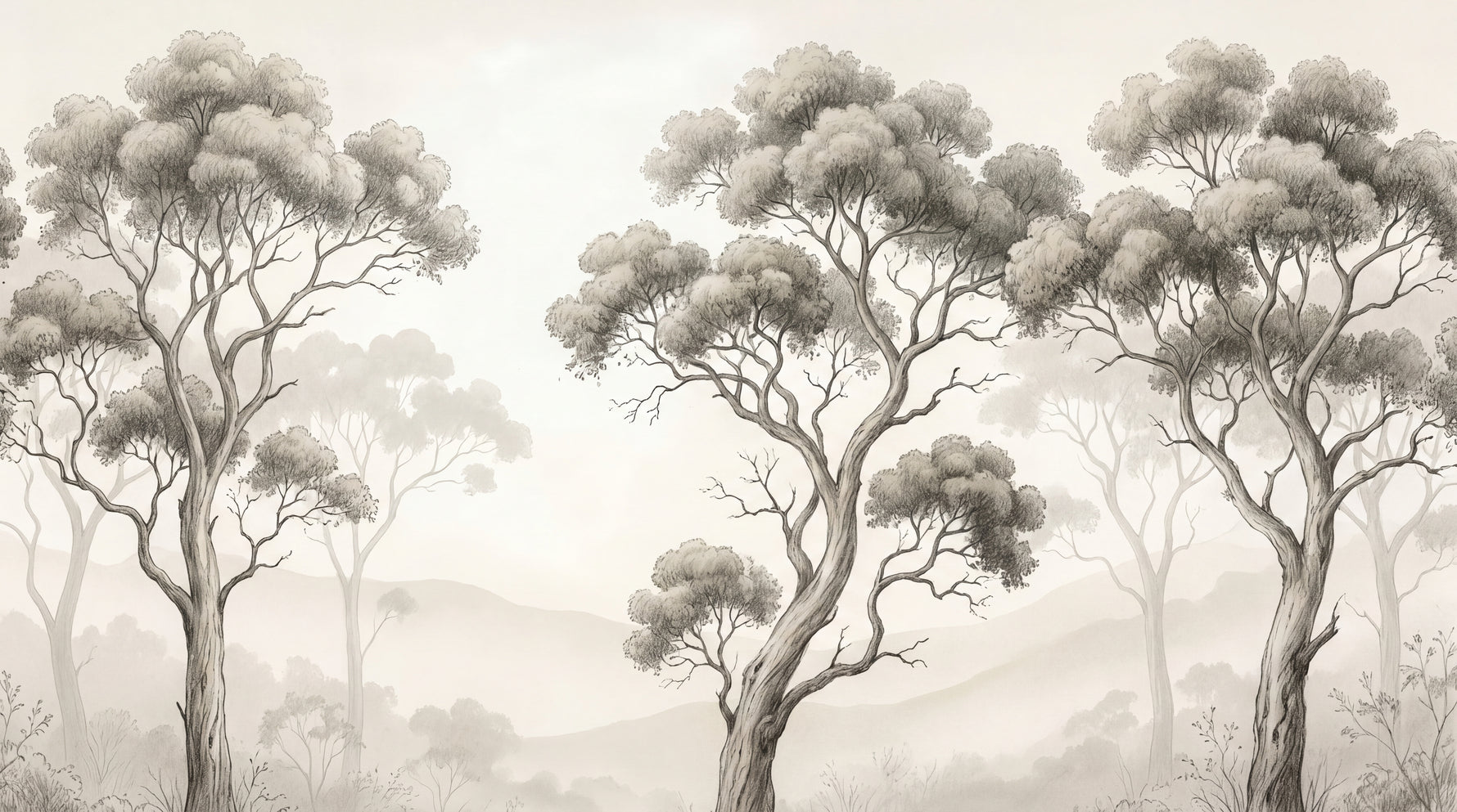 Pewter Grove Beige Forest Wallpaper - Sketched Woodland Botanical Greenery Leaf Wall Mural - Design