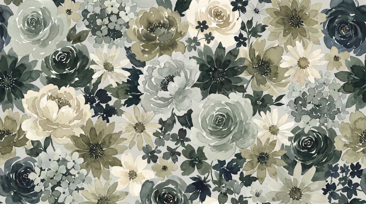 Pewter Rosehush Gray Floral Wallpaper - Sage Green Vintage Rose Flower Daisy Peel and Stick Mural - Design