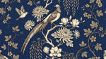 Pheasant Etching - Blue Chinoiserie Wallpaper - Navy Blue Vintage Botanical Magnolia Peel and Stick - Design