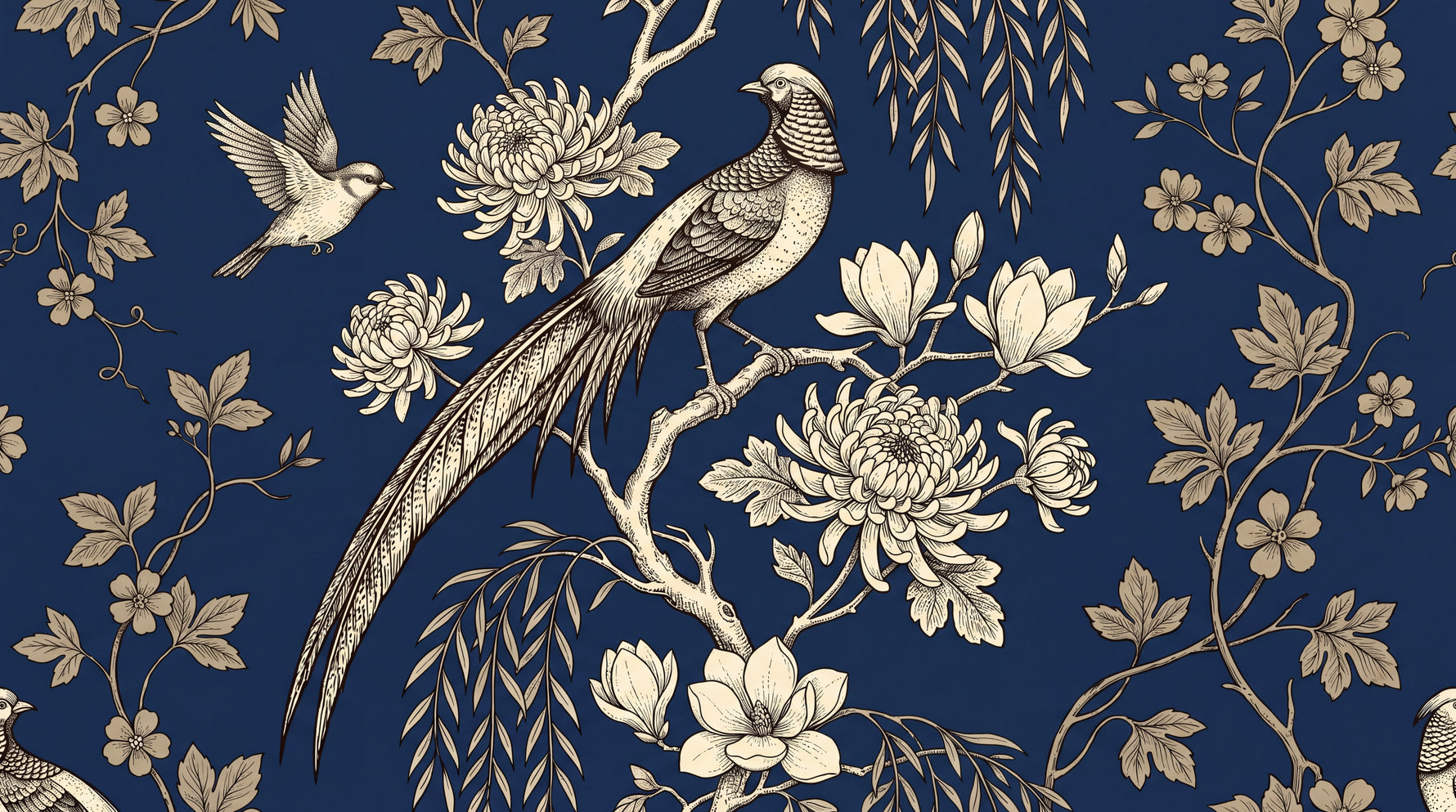 Pheasant Etching - Blue Chinoiserie Wallpaper - Navy Blue Vintage Botanical Magnolia Peel and Stick - Design