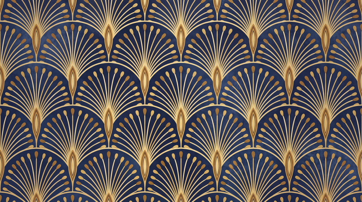 Plume Crescents Blue Art Deco Wallpaper - Navy Blue Gold Peacock Feather Geometric Peel and Stick - Design