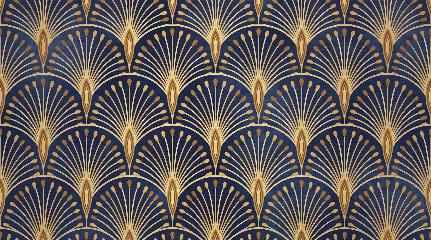 Plume Crescents Blue Art Deco Wallpaper - Navy Blue Gold Peacock Feather Geometric Peel and Stick - Design
