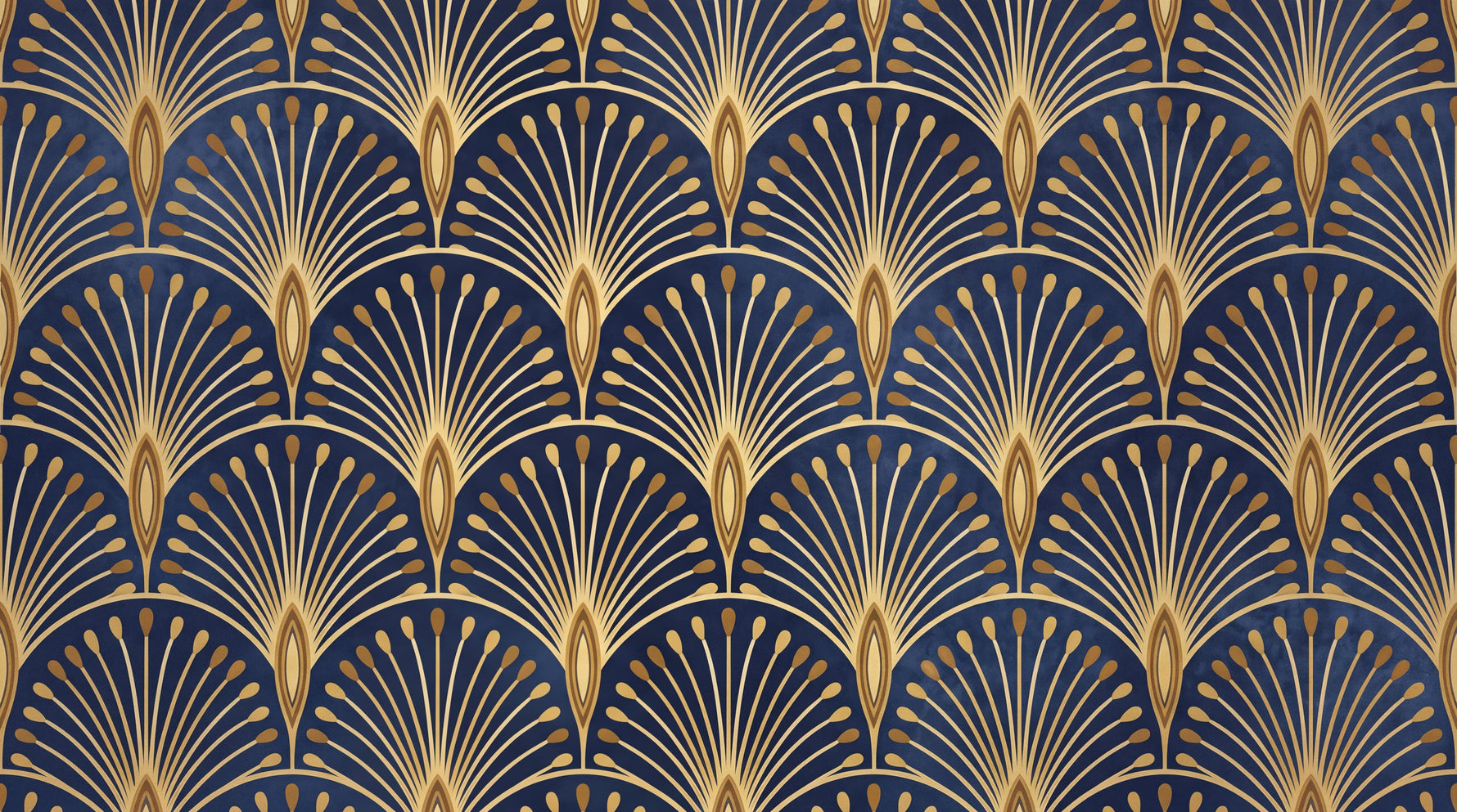 Plume Crescents Blue Art Deco Wallpaper - Navy Blue Gold Peacock Feather Geometric Peel and Stick - Design