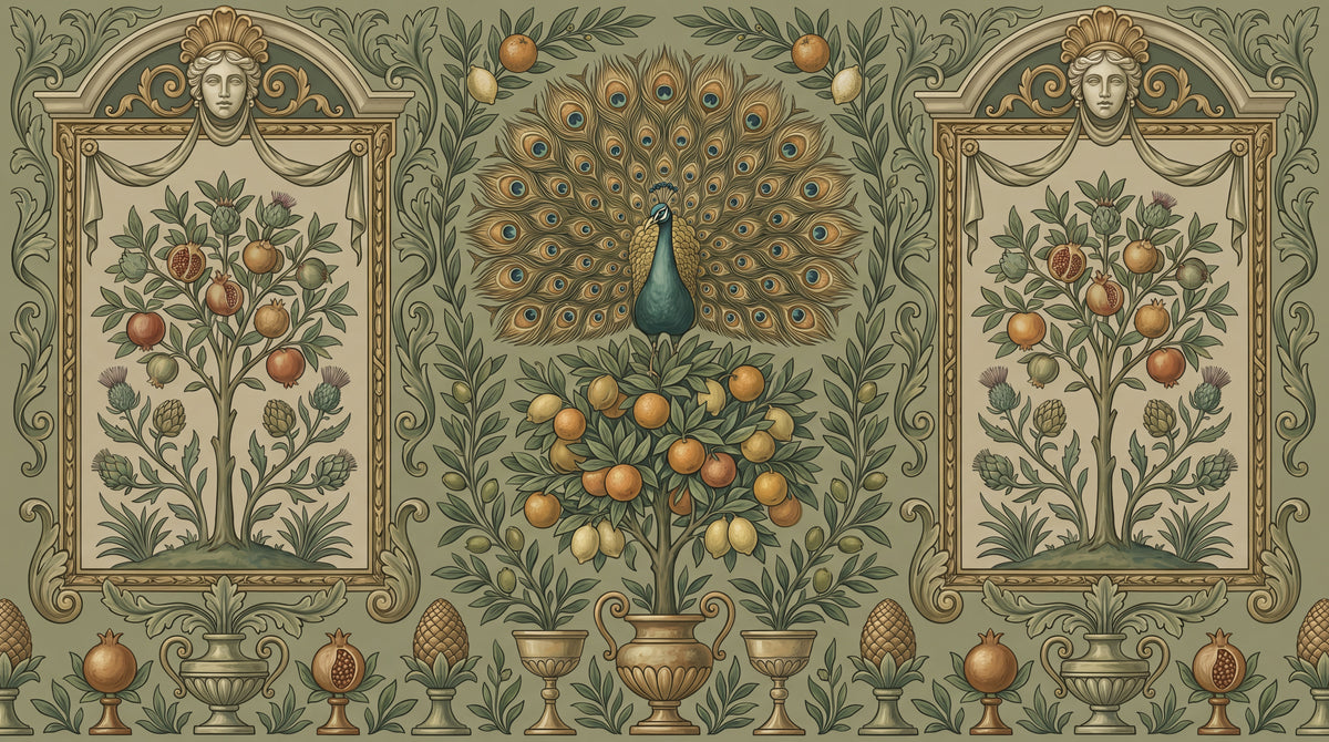 Plumed Orchard - Green Art Deco Wallpaper Peacock Feather Botanical Greenery Leaf Wall Mural - Design