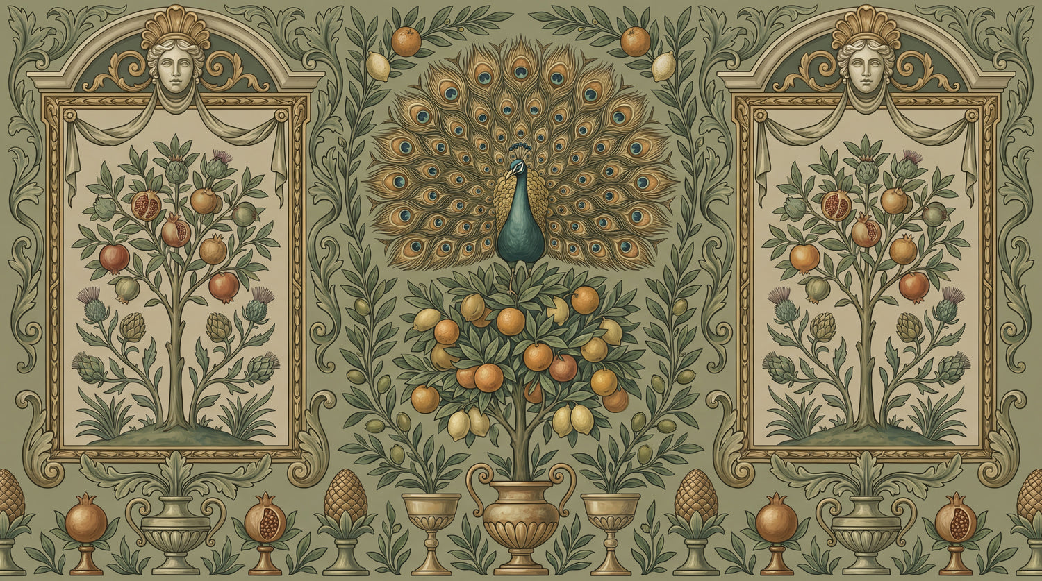 Plumed Orchard - Green Art Deco Wallpaper Peacock Feather Botanical Greenery Leaf Wall Mural - Design