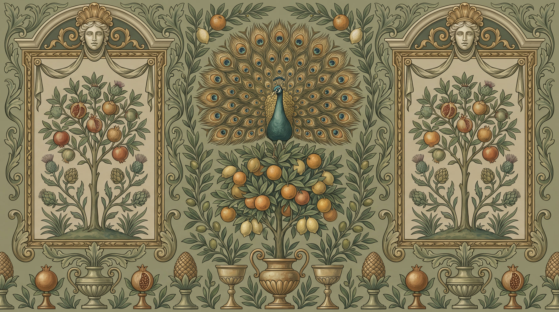 Plumed Orchard - Green Art Deco Wallpaper Peacock Feather Botanical Greenery Leaf Wall Mural - Design
