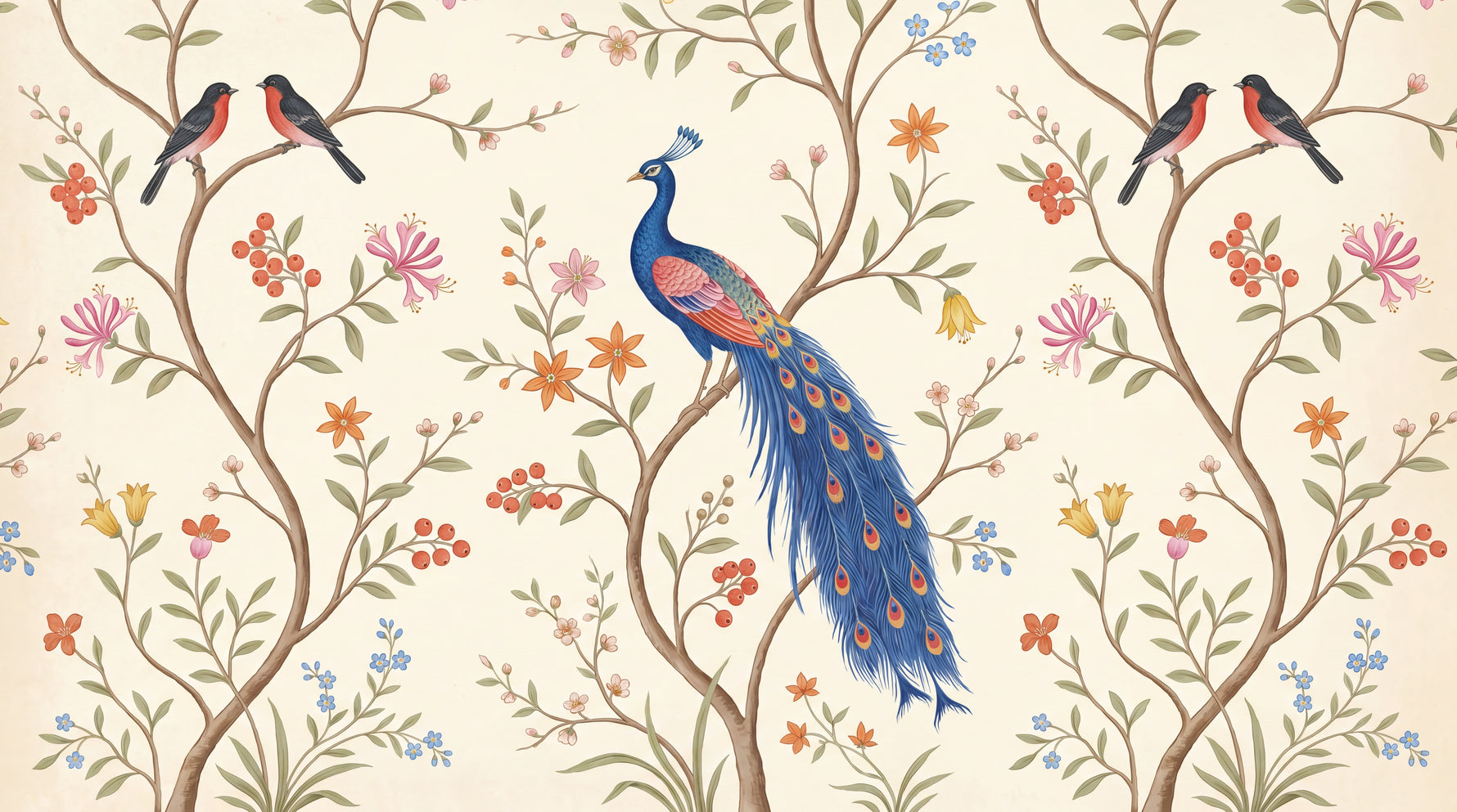 Plumed Thicket Beige Chinoiserie Wallpaper - Vintage Peacock Botanical Peel and Stick Wall Mural - Design