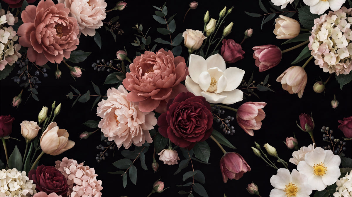 Plumefall Ember Dark Rose Wallpaper - Black Floral Vintage Magnolia Peel and Stick Wall Mural - Design