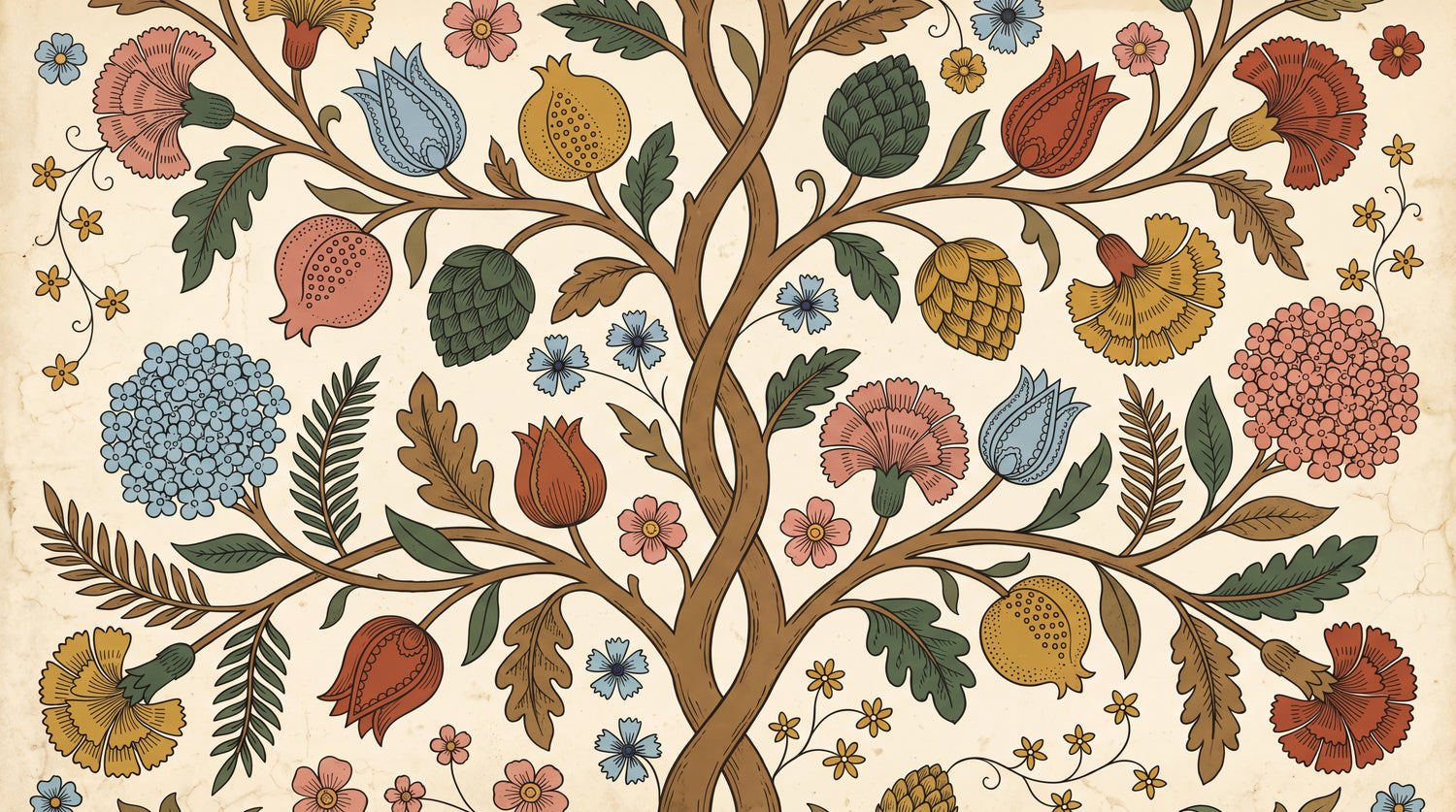 Pomegranate Folk Beige Wallpaper - Vintage Floral Botanical Peel and Stick - Design