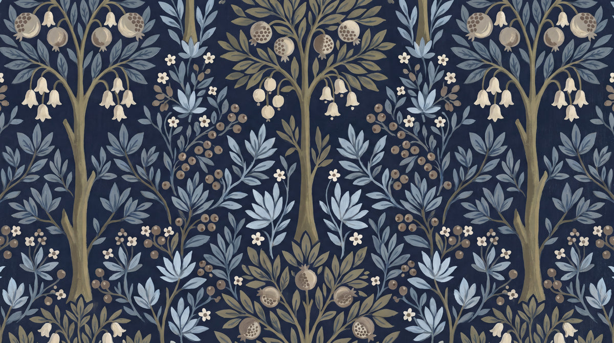 Pomegranate Grove Blue Navy Blue Wallpaper - Dark Floral Peel and Stick Wall Mural - Design