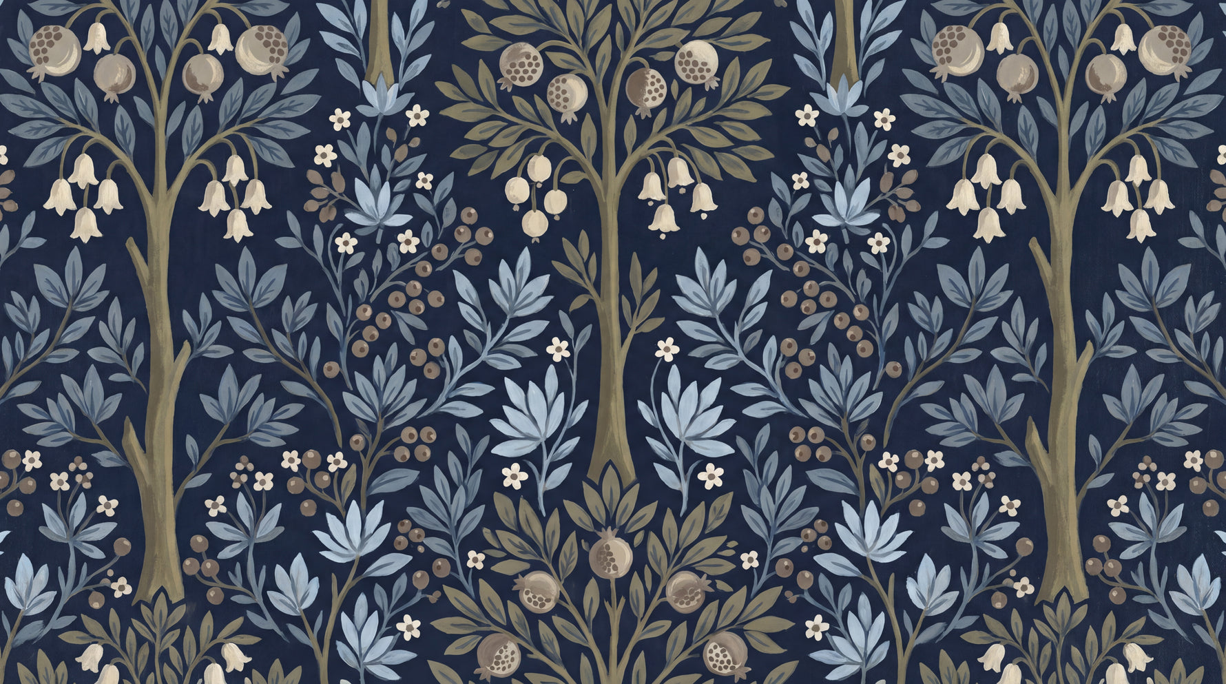 Pomegranate Grove Blue Navy Blue Wallpaper - Dark Floral Peel and Stick Wall Mural - Design