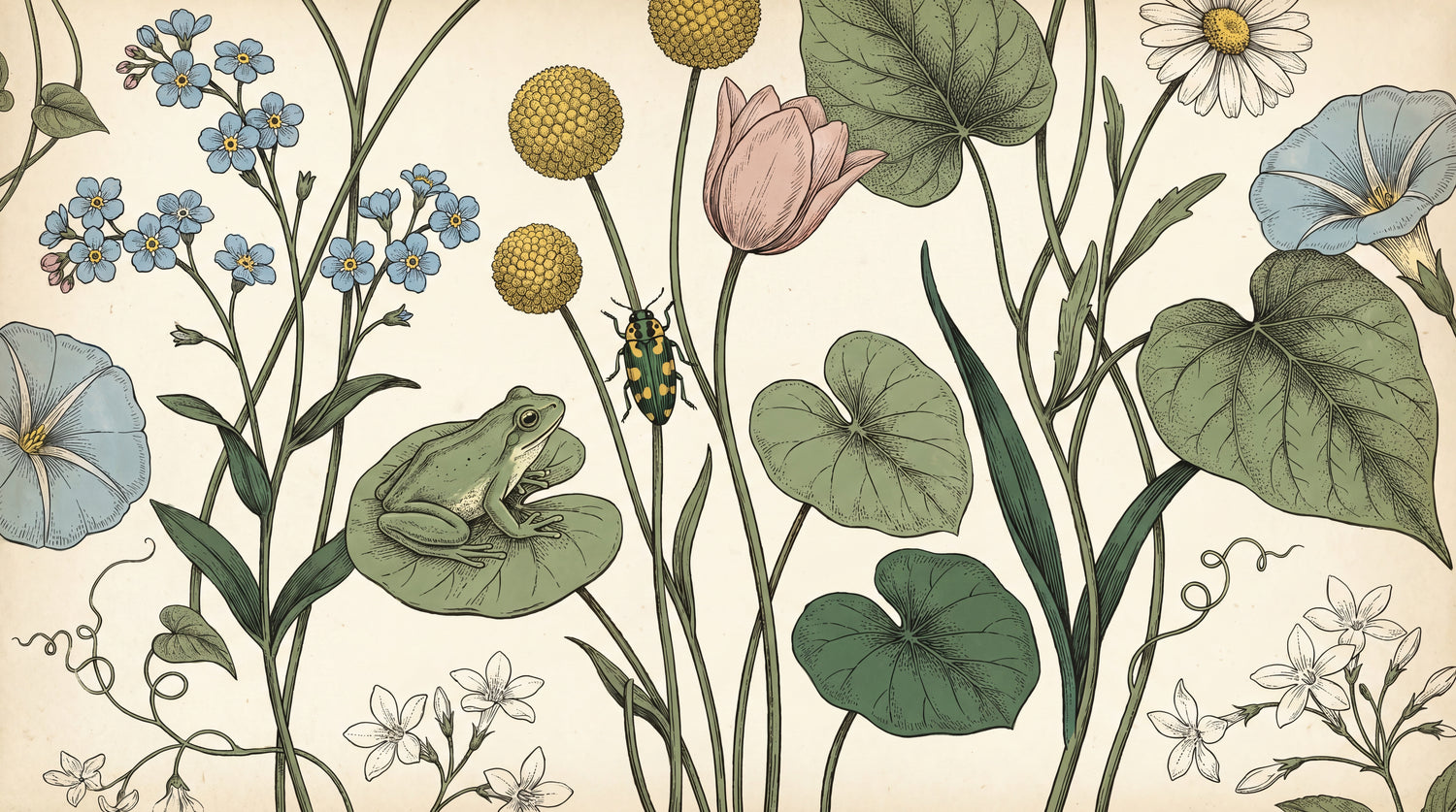 Pondside Almanac Green Floral Wallpaper - Sage Vintage Greenery Daisy Peel and Stick Wall Mural - Design