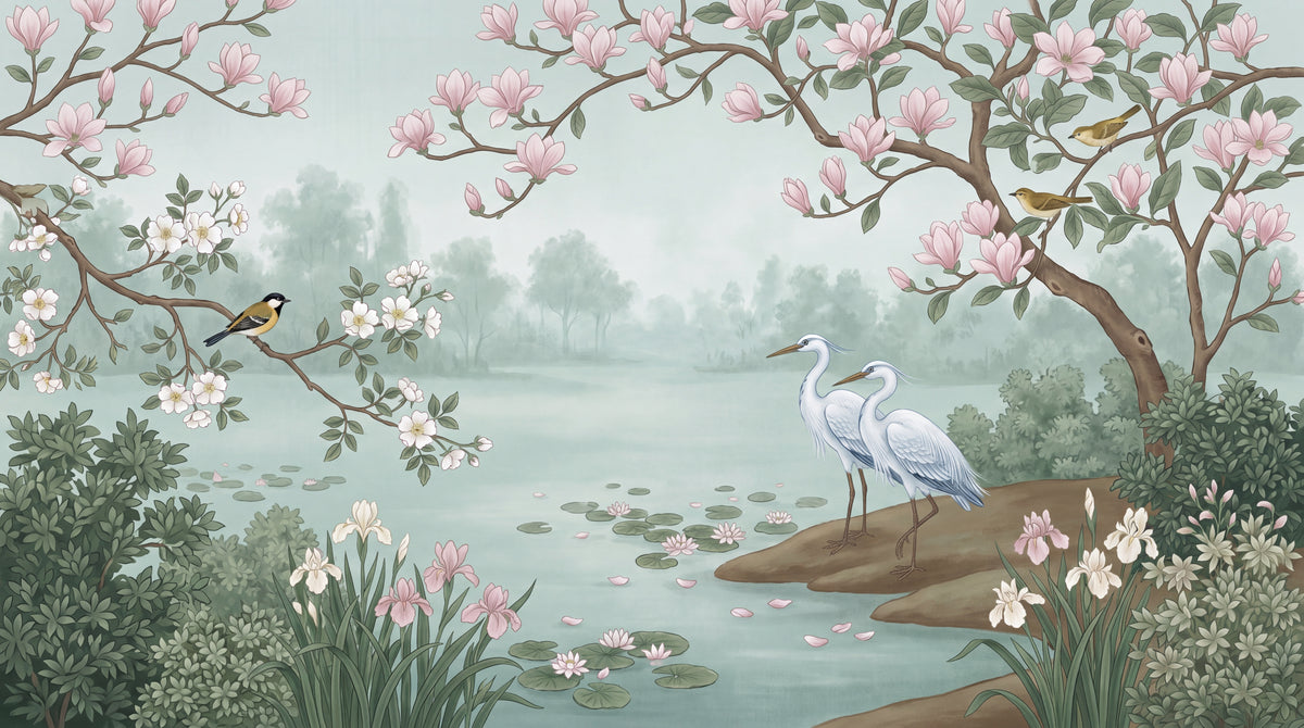 Pondside Idyll Green Chinoiserie Wallpaper - Magnolia Botanical Greenery Japanese Peel and Stick Wall Mural - Design